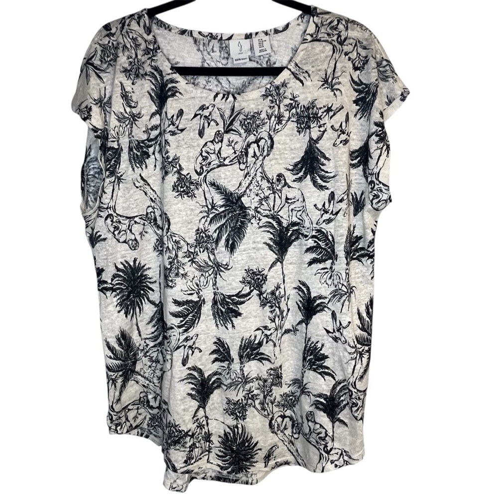 Joie Black and White Tropical Print Boxy Linen Relaxed Fit Cap Sleeve Tee Shirt - Picture 2 of 11